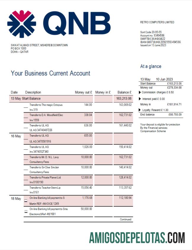 Imprimível QNB Bank Company Statement Modelo Word e PDF